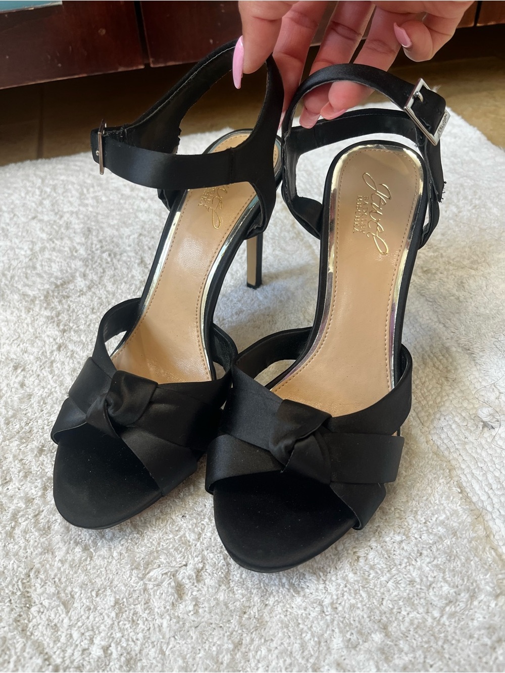 Badgley Mischka Jewel Black Satin Bow Ankle-Strap Heels - Women